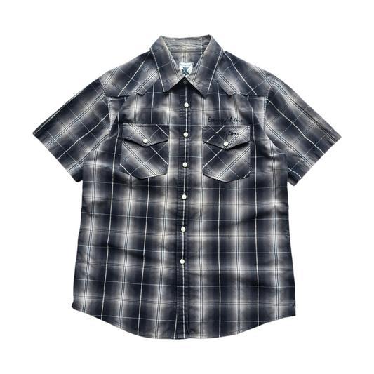 Vintage Y2K Blueprint Check Short Sleeve Pearl Snap Shirt - S