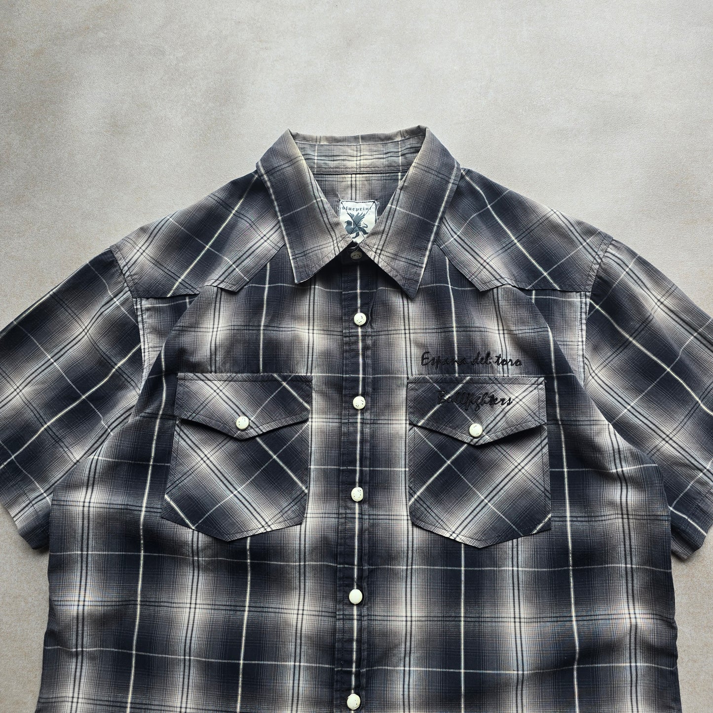 Vintage Y2K Blueprint Check Short Sleeve Pearl Snap Shirt - S