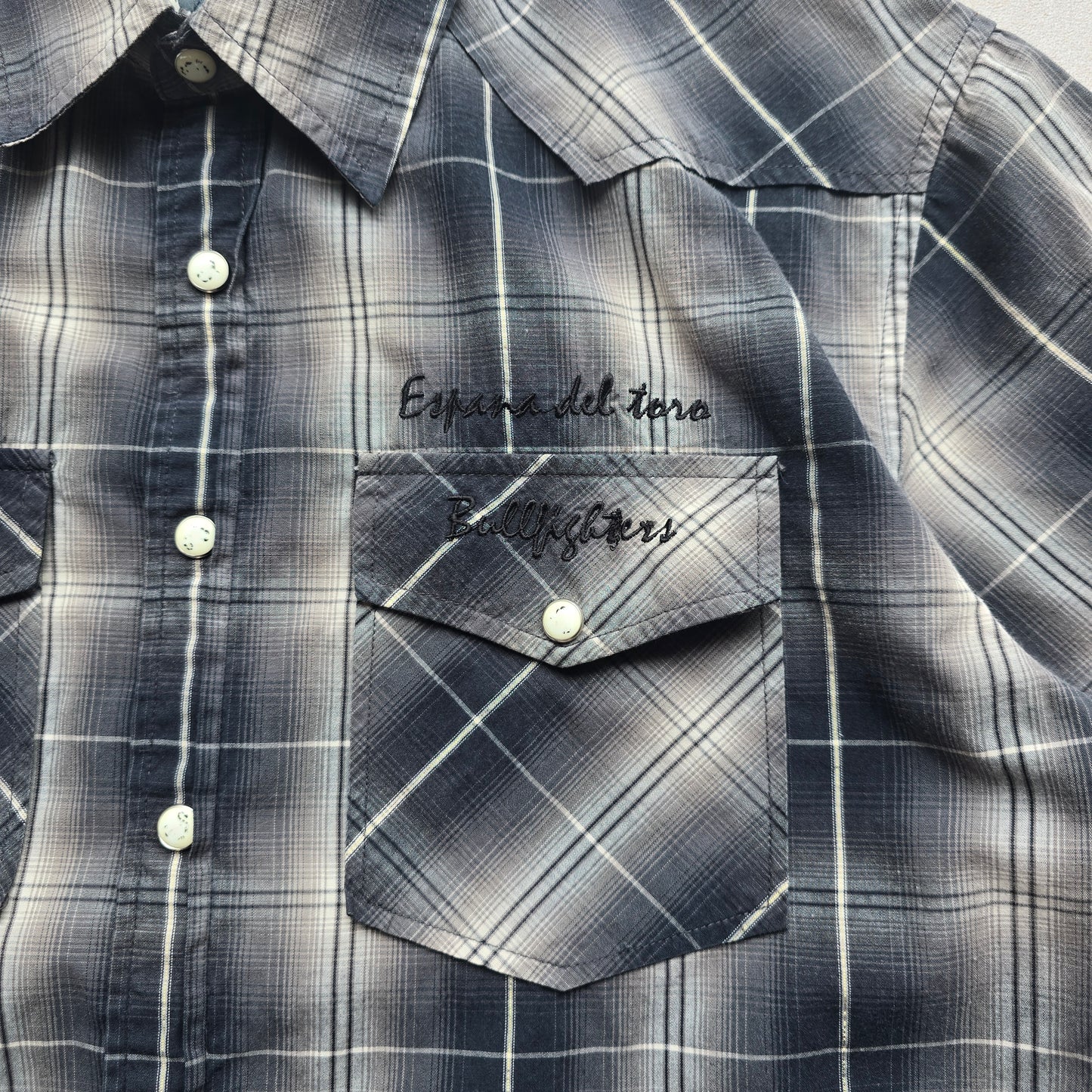 Vintage Y2K Blueprint Check Short Sleeve Pearl Snap Shirt - S