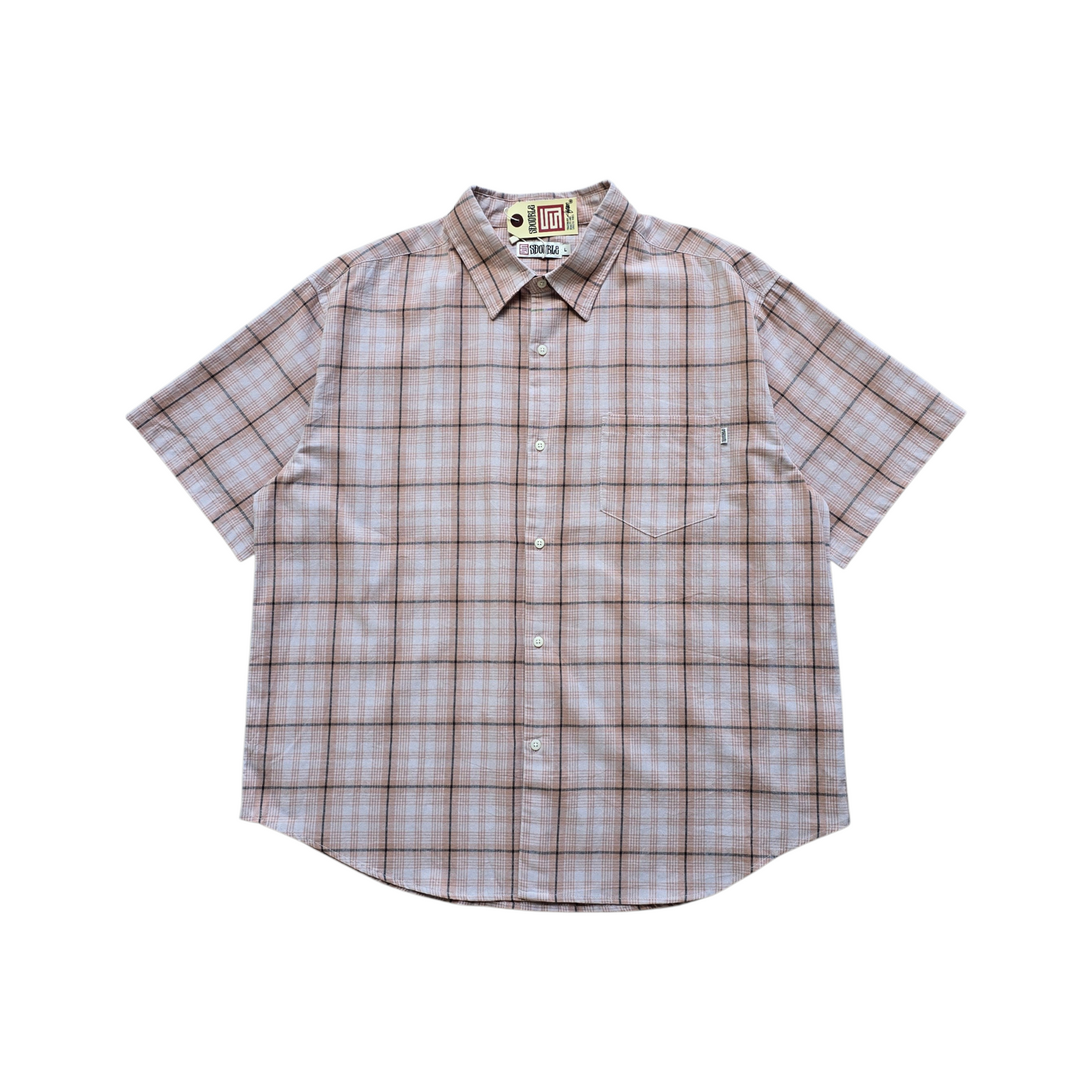 S Double Short Sleeve Check Button Up Shirt - L