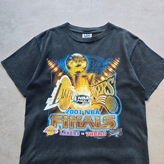 DEEP VINTAGE black 2001 NBA Finals Lakers vs 76ers graphic t-shirt with faded cotton fabric and cracked print