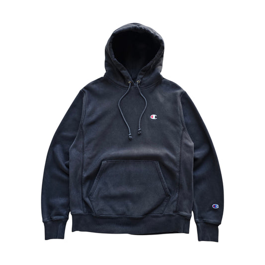 DEEP VINTAGE black Champion Reverse Weave hoodie with drawstring hood and embroidered logo on chest and sleeve