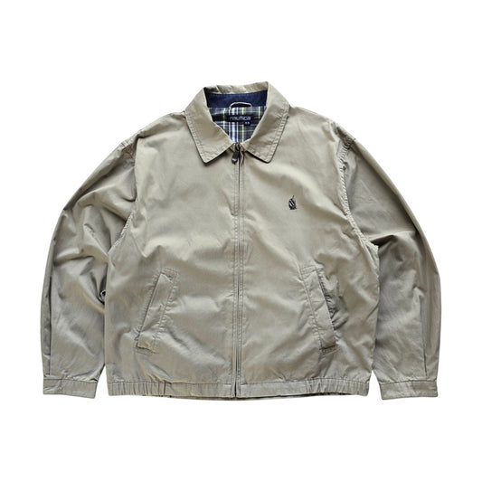 DEEP VINTAGE 90s Nautica Harrington jacket in beige with a classic collar, zip front, and plaid interior lining.
