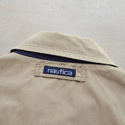 DEEP VINTAGE beige 90s Nautica Harrington jacket collar with navy blue inner lining and embroidered brand label