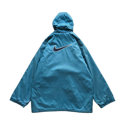 DEEP VINTAGE teal 90s Nike jacket with a large back Swoosh logo and detachable hood