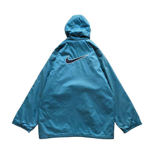 DEEP VINTAGE teal 90s Nike jacket with a large back Swoosh logo and detachable hood